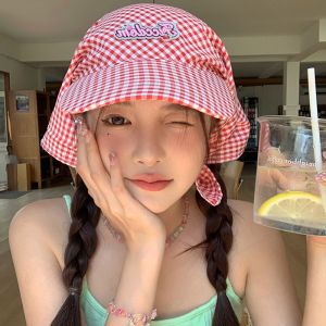 SUTONGXUE Embroidery Plaid Baseball Cap Cotton Korean Style Strappy Bandana Hat Casual Sunscreen Letter Headscarf Hat Girl