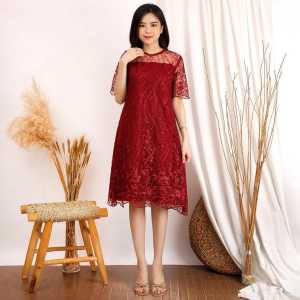 Midi Dress Pesta Kondngan Brukat Tile ALENA / Dres Gereja Ibadah Bridesmaid Tille Bordir Mutiara