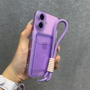 Card Holder Hand Wrist Strap Clear Case for iPhone 16 15 Pro Max 14 Plus 13 12 11 Wallet Lanyard Candy Double Color Soft Cover