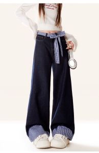 Celana Jeans Wanita Panjang Biru Longgar Celana Lurus Desain Warna Sambungan Dasi Kupu-kupu