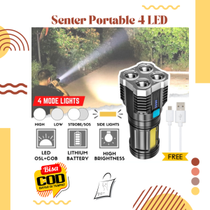 Senter Portable 4 LED + COB Light Super Terang / Senter Penerangan Jarak Jauh 4 Mode Mata Lampu