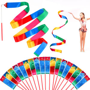 18pcs Ribbons for Gymnastics 78.7 Inch Sparkling Dance Ribbon Rainbow Ribbon Dancer Wand Streamer on a Stick for Girls