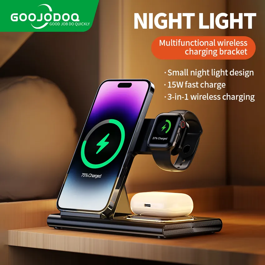 GOOJODOQ 4-IN-1 Wireless Charger Stand Foldable Magnetic for iWatch airpods  15W Fast PD Charging Station Alarm Clock with Light