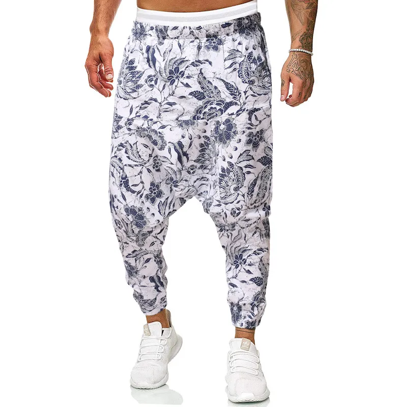 Mens Floral Print Harem Baggy Genie Boho Pants Cotton Linen Yoga