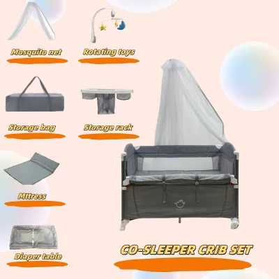 5 in 1 Portable Crib For Baby One-Handed Setup Baby Crib Pack and Play with Removable Changing Station. Foldable Bassinet Bedside Sleeper with Storage Organizer Toy Bar for Newborns to Toddlers