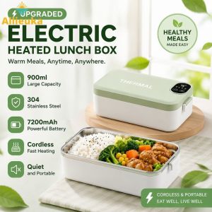 Allieuka Electric Heated Lunch Box 900ml 304 Stainless Steel Portable Food Warmer Bento Box Office Travel Use