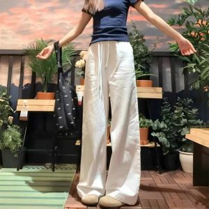 COD白色阔腿裤女2026春夏新款高腰垂感小个子抽绳宽松直筒棉麻牛仔裤2026新品