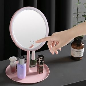 Gương Trang Điểm Để Bàn Đèn LED Màu Hồng Gương Soi Makeup 3 Chế Độ Ánh Sáng Sạc USB