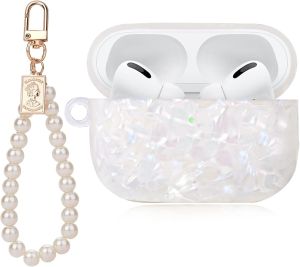 Cute AirPod Pro 2 Case with Pearl Wrist Chain Bling Marble Design Hard TPU Cover Compatible with AirPods Pro 2nd Generation 2022 Case for Women and Girls