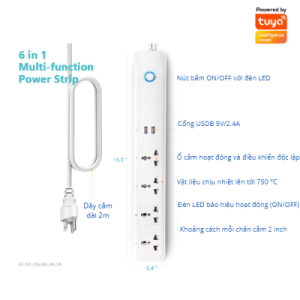Ổ Cắm Wifi Thông Minh Tuya Smart 4 Cổng 2 USB Ổ Cắm Hẹn Giờ Điều Khiển Từ Xa Qua App Ra Lệnh Giọng Nói 10A-2200W