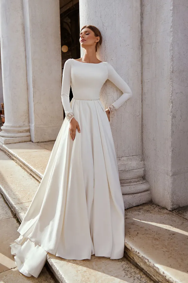 Elegant Wedding Dresses Muslim Long Sleeves Satin A Line Bridal Gown White  Ivory
