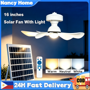 16 Inch Portable Solar Ceiling Fan Complete Set With Solar Panel LED Light Remote Control Rechargeable Inverter Fan Indoor Outdoor Camping Emergency Fan - Runs on 0 Electricity Consumption