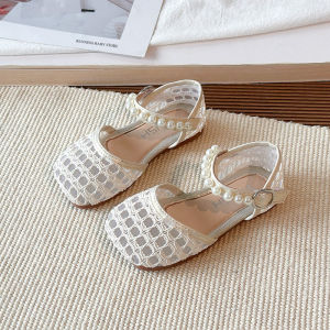 Girls Sandals Fashion Fishnet Wrap Toe Beach Shoes Hollow New Summer Little Girl Princess Shoes with Pearl Pendant Decos J05236