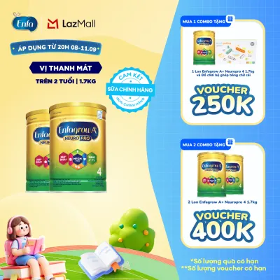 [TỪ 20H 08/09-11/09 MUA LÀ CÓ QUÀ] Bộ 2 lon sữa bột Enfagrow A+ Neuropro 4 với DHA giúp phát triển não bộ cho trẻ từ 2-6 tuổi - 1.7kg/lon