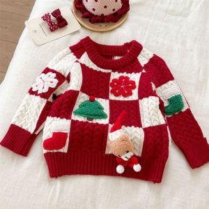 Christmas Sweater Childrens Red Plaid Sweater New Year Greeting Outfit Autumn Winter Knitted Sweater Winter Warm Base Layer