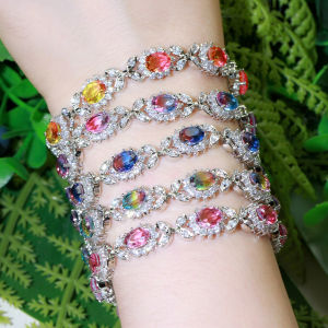 SEQUITO Hot Sale Stunning Mystic Rainbow Topaz Charm Flower Bracelet Bangles Inlay CZ Female Evening Dinner Party Jewelry B086