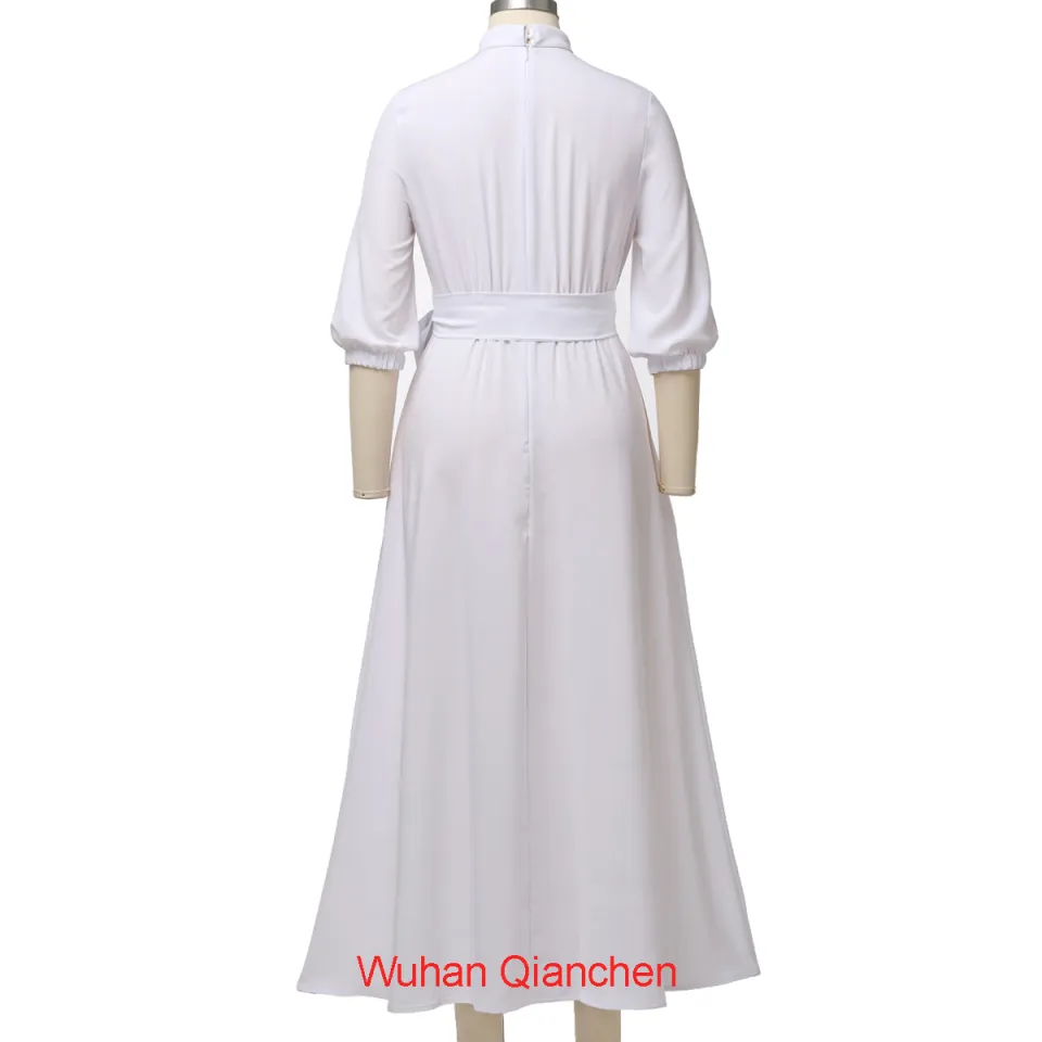 Church Dresses for Women Audrey Hepburn Style Tab Collar 3/4 Puff Sleeve  Swing Maxi Dress with Long Belt Black White