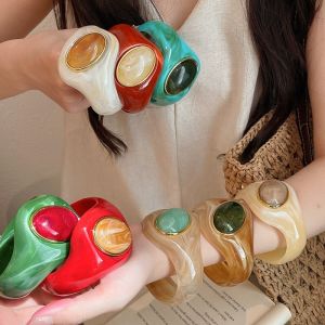 CANICECA Oval Irregular Resin Bracelet Thick Stone Inlay Wide Bangle Vintage Exaggerated Chunky Bracelet Gifts