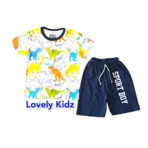 Setelan Baju Anak Laki-Laki D&C Dino FP Full Putih Celana Boxer Usia 2-10 Tahun / Pakaian Anak Cowok