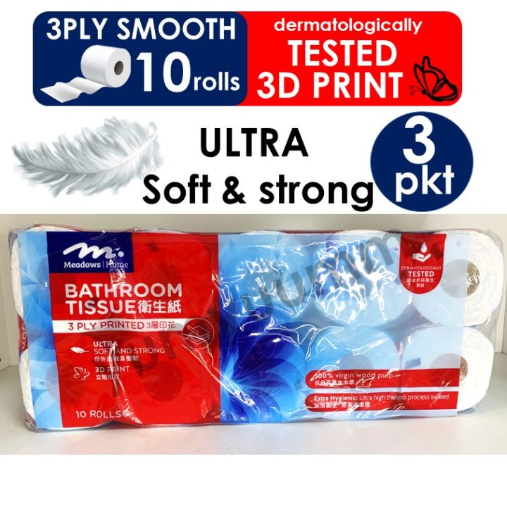 (30 rolls) MEADOWS BATHROOM TISSUE 3 Ply Printed Toilet Rolls 10s Toilet Paper/Tissue