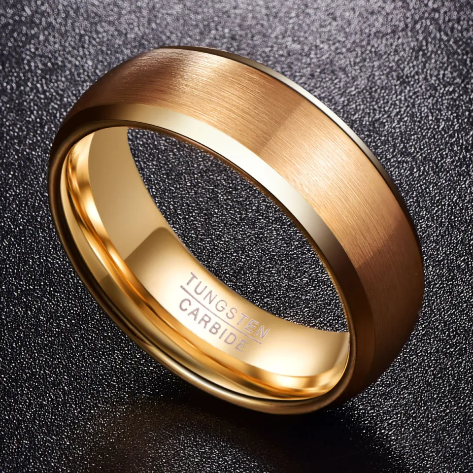 BONLAVIE Tungsten Carbide Wedding Band 8mm for Men Women Gold Plated  Brushed Beveled Edge Engagement Ring Size 7-12