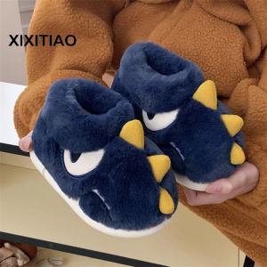 XIXITIAO 2024 new autumn and winter baby cute cartoon dinosaur childrens cotton shoes with plush warm cotton slippers for boys and girls