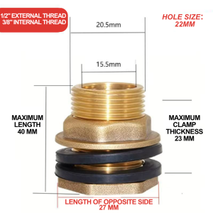 Bulkhead Fitting 1/2‘’ 3/4‘’ Plastic Water Tank Pipe Connector for Fish Tank Rain Barrels Solid Brass Water Tank Connector Fittings Leak-proof M1/2 M3/4 M1 Adapter Theaded Bulkhead Fitting With 2 Rubber Ring