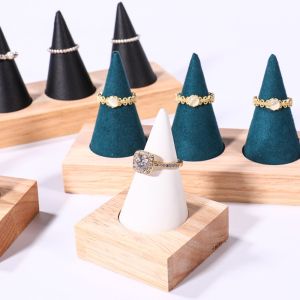 JPTD Jewelry Display Cone Shape Rings Holder Multiple Size Storage Rack Wooden Rings Organizer Jewelry Accessories Vintage Flannelette Rings Display Stand Crafts DIY