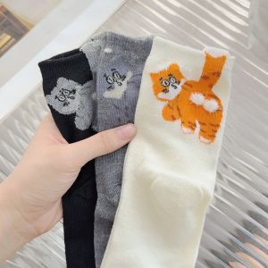 3Pairs Kawaii Cat 3D Funny Balls Socks for Women Cartoon Cute Kitten Cotton Sock Girl Fashion Cat Print Mid-Tube Sleep Floor Sockings