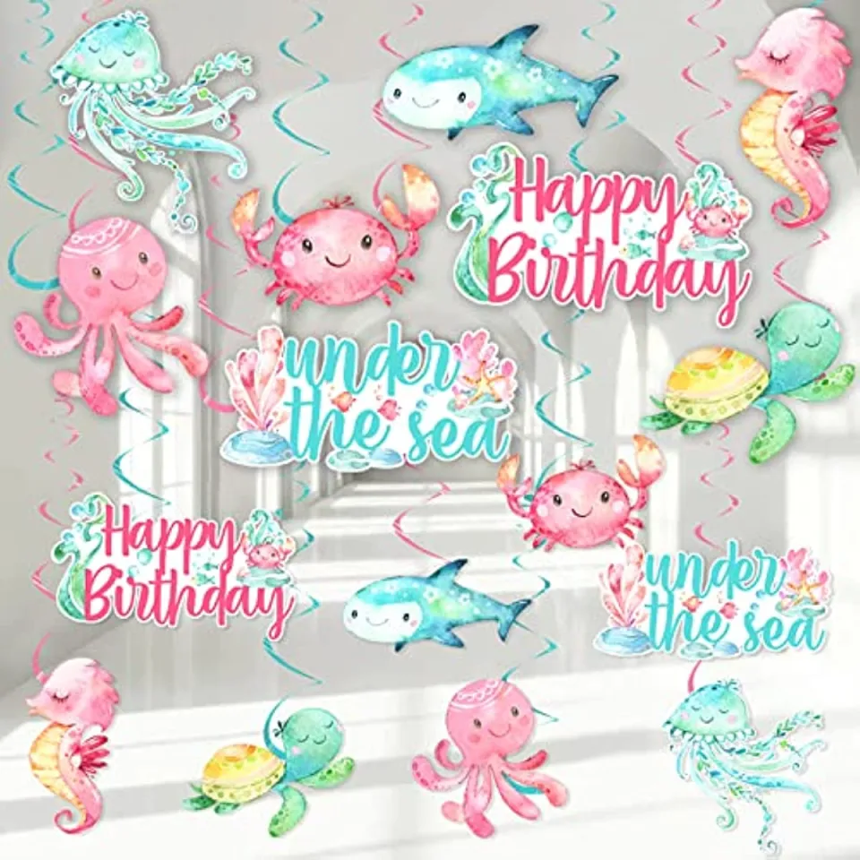 FANGLELAND Under The Sea Birthday Decorations for Girl, Happy Birthday  Hanging Swirls, Sea Animal Hanging Decorations, Marine Creature Ocean  Themed 1st 2nd 3rd Birthday Party Supplies - 24pcs