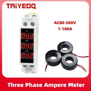 Din Rail Mount Three Phase Ampere Meter Ac 80-500V 100A Mini Modular Ammeter Gauge Indicator LED Digital Display Detector