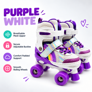 IMUTO Rainbow Roller Skates Shoes Glitter Toe Cap Pink and Purple Adjustable Kids Quad Unicorn Roller Skate with Double Safety Strap Breathable Mesh Shoes Silent Wear-Resistant Wheels for Girls Outdoor Sports