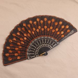 ZENO Pea Pattern Chinese Folding Fan Sequin Embroidery Folding Sequin Fan Decorative Fan Handheld Style Plastic Fan Home Decor
