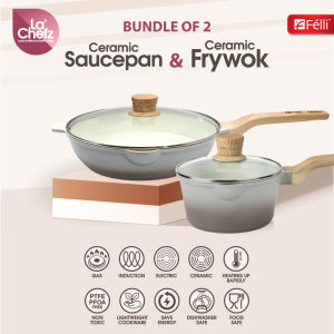 Felli La Chefz Ceramic Cookware Set (6 Pcs) [Saucepan 18cm + Frywok 28cm + Silicone Utensils] - Larva Grey