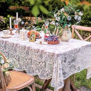 GUHEHARD Embroidered French Lace Tablecloth Vintage White Table Cover Exquisite Organza Table Runner Wedding
