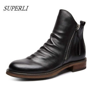 SUPERLI 2024 Men Boots Da Thời Trang Cổ Điển Mens Giày Zip Mùa Đông Mùa Thu Mắt Cá Chân Khởi Động Quân Sự Xe Máy Kích Thước Lớn Khởi Động Cho Nam Giới Kích Thước 38-48