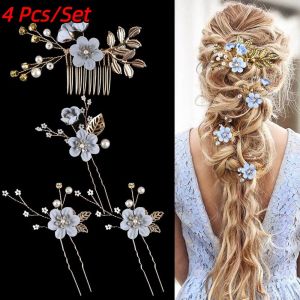 NOVELLEO 4Pcs/set Rhinestone Bridal Headband Sparkling Gold/Silver Flower Hair Comb Luxury Leaf Shape Wedding Tiara Party