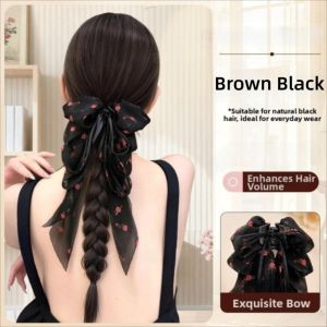 LANGJ Long Bow Ribbon Braids Ponytail Extensions Claw Clip 18 Inch Twist Braid Hairpiece Daily Use Natural Handmade Braids Pony Tails for Women