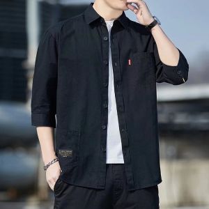 Mens Short Sleeve Shirt Seven Split Sleeve Medium Sleeve Shirt Jacket Workwear Loose Version