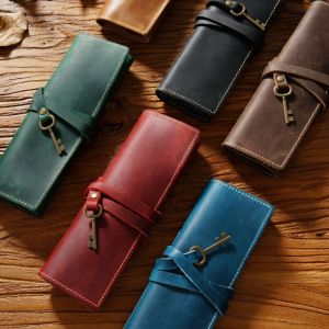 LANCE Genuine Leather Genuine Leather Pencil Case Pens Bag Tie Rope Nature Cowhide Pen Protection Bag Roll Up Bag Retro Foldable Leathe Pencil Bag Stationery