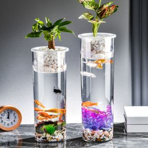ER52858 Cylinder Fish Tank Vase Transparent Plastic Hydroponic Fish Tank Tabletop Flower Pot with Hydroponic Basket Hydroponic Planter Vase Micro Landscape