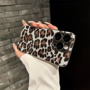 💗Internet celebrity trend+In stock+COD Creative Leopard Print Leather Bumper Phone Case For iPhone 16 15 14 Plus 13 12 11 Pro Max Plating Camera Lens Protective Cover