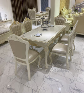 BỘ BÀN ĂN 6 GHẾ DÁT VÀNG TÂN CỔ ĐIỂN BỌC DA BÒ SANG TRỌNG 937B