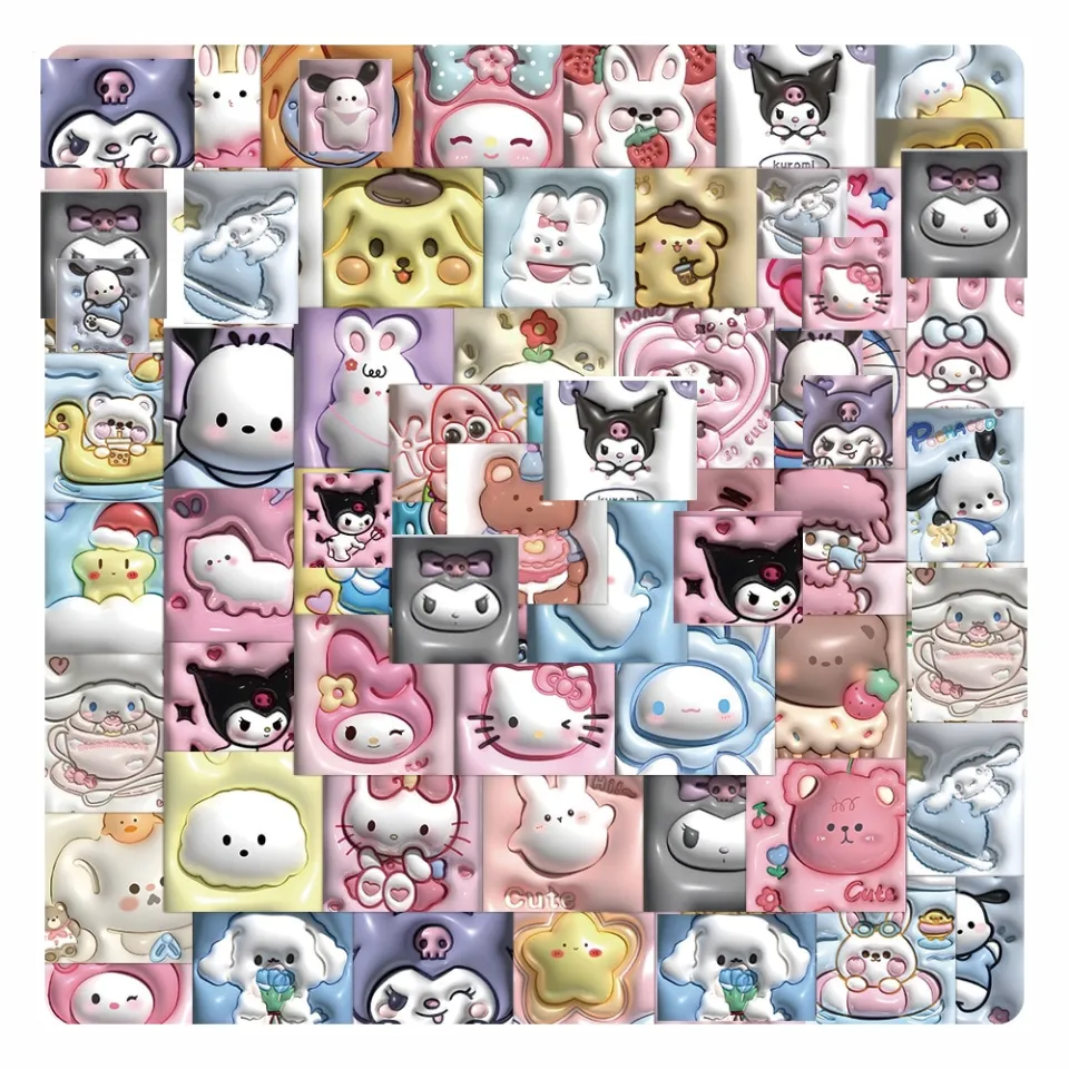 62pcs Cartoon 3D Sanrio Stickers Kawaii Girls Kuromi Hello Kitty Pochacco Anime  Decals Laptop Car Cute Kids Sticker Toys