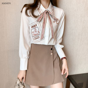 AMMIN 2023 Spring female new fashion style lapel collar with bow tie printing long sleeve chiffon shirt for womens elegant button cardigan blouse tops