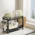 2-Layer Dish Rack Kitchen Dish Storage Rack Black Kitchen Utensil Rack With Pull Drain Tray Kitchen Organizer. 