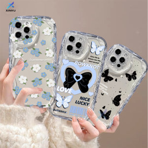 (Lokal Ready) Xinyu Casing hp Infinix Smart 8 Note 30 Pro Hot 30i Hot 30 Play Note 12 G96 Hot 20S Hot 12 11 9 10 Play Smart 5 Smart 6  Smart 7 Kesing Bening Lembut Tepi Bergelombang 3D Kupu-kupu Bownot Bunga Kontras Biru Putih Modis Case