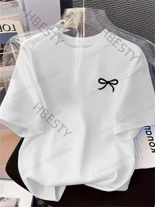 [Local Stock] HBESTY  New Womens T-shirt Bow Printed Simple Style Casual Fashion Short Sleeve T-shirt Soft Comfortable Summer Women Clothing MEN