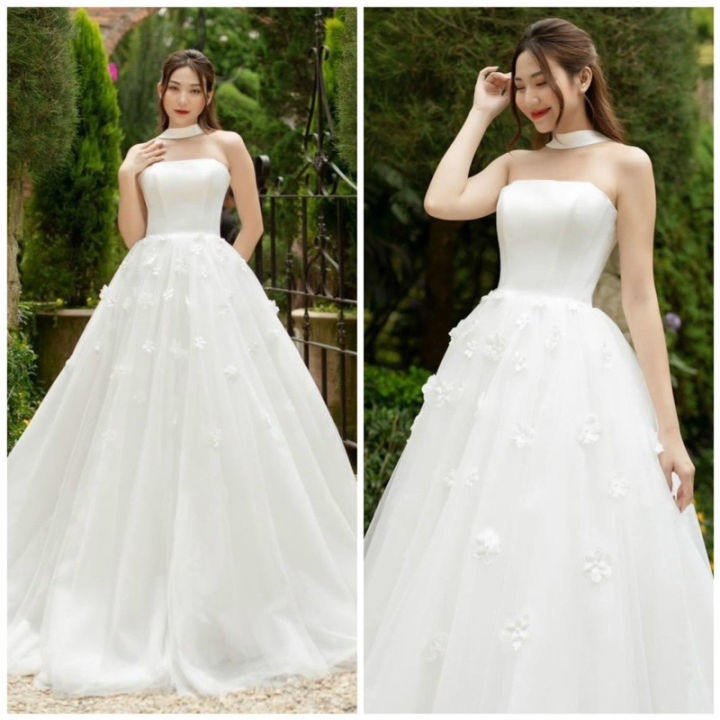 Đầm dạ hội váy cô dâu hở vai tay dài cúp ngực | AlvinStore.Vn