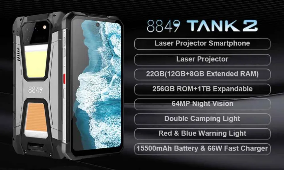 8849 Tank 2 by Unihertz Projector Rugged Smartphone Camping Light Up to  22GB 256GB Cellphone 108MP G99 Night Vision Mobile Phone –